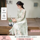 香影新中式綠色印花連衣裙女2025秋季新款系帶圓領(lǐng)收腰長袖碎花裙 綠色 S