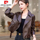 皮爾卡丹（pierre cardin）2026春秋新款皮衣外套女短款機車(chē)服爆款休閑小個(gè)子pu皮西裝領(lǐng)夾克 女裝十大品牌 咖啡色有內里雙層 2XL 建議130-145斤