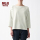 無(wú)印良品 MUJI 女式 粗棉線(xiàn) 天竺編織 一字領(lǐng) 七分袖T恤 BBL04A1S 煙熏綠色條紋 XS-S