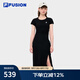 FILA FUSION斐樂潮牌女子針織連衣裙秋新款簡約修身長款裙子 正黑色-BK M