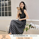 香影黑色格子無袖連衣裙女2025秋季新款復(fù)古法式中長(zhǎng)款收腰a字裙 黑色 S