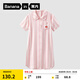 蕉內絲絲520H睡裙女士夏季短袖冰絲涼感寬松襯衫印花睡衣長(cháng)裙家居服 【刺繡】荷粉條紋-櫻桃 XL