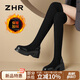 ZHR長(zhǎng)筒靴女冬時(shí)尚彈力過(guò)膝靴子女簡(jiǎn)約復(fù)古加絨面女靴 JF78A 黑色 36