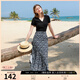 三彩2025夏季新款碎花半身裙高腰開叉雪紡A字裙浪漫長裙清新M 藏青色花卉 S 155/64A