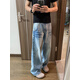 牧唯美式cleanfit牛仔褲男士秋款潮高街vibe風(fēng)褲子復古直筒微喇長(cháng)褲子 藍色 高品質(zhì) XL [建議135-145斤]