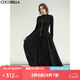 COCOBELLA赫本風(fēng)禮服半高領(lǐng)連衣裙小黑裙褶皺肌理大擺長(zhǎng)裙FR0008 黑色 L