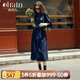Olrain【七夕】歐芮兒普魯士藍牛仔連衣裙女春裝新款收腰刺繡減齡裙子 牛仔藍 M