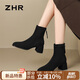 ZHR粗跟短靴女厚底百搭優(yōu)雅女靴復(fù)古方頭絨面靴子女 Y1012A 黑色 38 