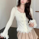 貞喜氣芭蕾風(fēng)純欲針織小開(kāi)衫女裝秋季蕾絲毛衣茶歇法式內搭打底絕美上衣 均碼 杏色（85~105斤
