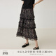 EIN言浪漫碎花印花蕾絲拼接A字型碎褶文藝雪紡半身裙2025夏季新款 石墨黑 S