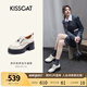 KISSCAT接吻貓女鞋[奧利奧]厚底樂福鞋女秋冬季新款百搭系帶JK真皮小皮鞋 米色牛皮革 34