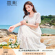 香影方領(lǐng)連衣裙女2025夏裝新款鉤花鏤空溫柔風(fēng)木耳邊法式初戀裙子 米色 S