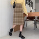 BMOI復古格子毛呢開(kāi)叉半身裙秋冬格子裙高腰顯瘦遮胯百搭a字裙中長(cháng)裙 黃格 M