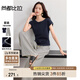 尚都比拉夏季含棉通勤套裝女圓領收褶顯瘦T恤串珠抽繩條紋直筒長褲兩件套