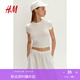 H&M女裝T恤秋季修身彈力汗布窄邊領(lǐng)口辣妹短上衣1234741 奶油色 170/104