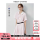 VEGA CHANG短袖連衣裙女2025新款夏學(xué)院風(fēng)翻領(lǐng)條紋高腰顯瘦小個(gè)子襯衫裙 櫻花粉 L