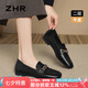ZHR平底單鞋女春秋懶人一腳蹬樂福鞋女通勤兩穿軟底皮鞋AH608黑色37