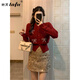 她芙（tafu）品牌女裝小個子時尚套裝女2025春秋新款韓版氣質毛衣短裙兩件套 珍珠紅毛衣+亮片金裙【兩件套】 M