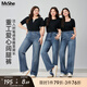 MsShe【重工燙鉆闊腿牛仔褲】大碼女裝2025秋裝胖mm高腰直筒長(zhǎng)褲 牛仔中藍(lán)色現(xiàn)貨 3XL