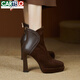 卡帝樂(lè )鱷魚(yú)（CARTELO）復古防水臺粗跟短靴女2025秋冬圓頭厚底增高10cm高跟鞋通勤時(shí)裝靴 棕色 37