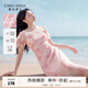 秋水伊人暈染印花方領(lǐng)連衣裙2025年夏季新款女休閑簡(jiǎn)約顯瘦中長(cháng)裙 粉紅 L