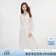 范思藍恩秋季法式V領(lǐng)花邊裝飾設(shè)計感連衣裙2024秋季新款收腰顯瘦繡花裙子 米杏色 XL