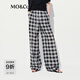 MO&Co.休閑褲2025夏新品天絲綿羊毛抽繩高腰黑白格紋闊腿褲M(mǎn)BE2PAT047 黑白格色 M /165