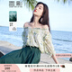 香影（xiangying）綠色碎花雪紡衫女2025夏季新款薄荷曼波五分袖一字領(lǐng)露肩上衣 綠色 S