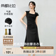 尚都比拉夏季時(shí)尚腰部收褶傘裙浪漫公主袖方領(lǐng)針織連衣裙女 優(yōu)雅黑 L 