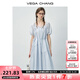 VEGA CHANG藍(lán)色連衣裙女2025新款夏季法式方領(lǐng)泡泡袖抽繩收腰長裙 云水藍(lán) S