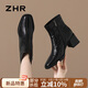 ZHR頭層牛皮短靴女復(fù)古粗跟靴子女側(cè)拉鏈褶皺時(shí)尚女靴 S506 黑色 36 