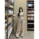 艾美琦美大碼女裝200斤胖妹妹2025新款秋季顯瘦開衫長褲子休閑套裝三件套 淺杏色三件套 2XL [建議140-160斤]