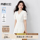 尚都比拉純棉V領(lǐng)泡泡袖白色連衣裙女夏季鏤空拼接顯瘦茶歇裙氣質(zhì)中長(cháng)裙