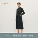 OVV2024秋冬新款女裝牛仔翻領羊毛隨附腰帶長袖休閑連衣裙 藏青 M