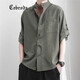 Cebrodz襯衫男短袖襯衣男裝中國風(fēng)夏季棉麻男士休閑外套半袖上衣 軍綠色（尺碼偏小 介意慎拍） L