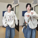 LDBE韓系慵懶風(fēng)刺繡圓領(lǐng)衛(wèi)衣女秋季寬松設(shè)計(jì)感蕾絲花邊灰色無(wú)帽上衣潮 灰色 M 【80-110斤】