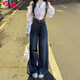 OTST辣妹破洞牛仔背帶褲女2025春季新款韓版大碼寬松顯瘦百搭闊腿褲子 藍(lán)色 S 80-90斤
