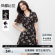 尚都比拉V領(lǐng)泡泡短袖A字碎花裙女夏季綁帶收腰顯瘦連衣裙度假風(fēng)浪漫中裙
