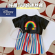 迪士尼（Disney）女童夏季套裝2024新款韓版女寶寶彩虹純棉短袖T恤彩虹中褲兩件套 純棉套裝【黑色 彩虹BE+冰絲中褲 80 建議身高【75左右】