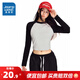 真維斯女裝2025春季新款短款收腰修身圓領(lǐng)撞色拼接插肩長(cháng)袖T恤G2 黑色拼灰色8740 版型偏小 建議拍大一碼 均碼