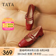 他她（TATA）紅色瑪麗珍鞋女鞋粗跟小皮鞋女鞋春季新款單鞋女XMP01AQ5 酒紅 37