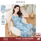 JESSIE時尚印花V領(lǐng)顯瘦中長款吊帶連衣裙女春夏新款 藍色 L