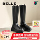 百麗（Belle）七夕禮物增高厚底騎士靴女商場同款真皮時髦長筒靴3NV70DG4 黑色-單里 38 (240mm)