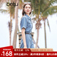 百圖betu女裝夏季新款連體褲復(fù)古水洗牛仔工裝連體褲女2404D05 牛仔色 S