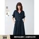 ELLE法式通勤風(fēng)亞麻連衣裙女2025秋季新款收腰顯瘦設計感a字裙子 藏青 S