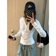 京多夢(mèng)美式辣妹半開(kāi)紐扣連帽長(cháng)袖t恤女2025秋季新款V領(lǐng)修身顯瘦百搭上衣 白色 M （90-100斤）