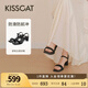 KISSCAT接吻貓【美洋同款】女鞋高跟涼鞋舒適簡(jiǎn)約方頭粗跟一字帶涼鞋 黑色 羊絨面 36