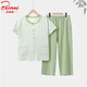 北極絨媽媽純棉短袖開(kāi)衫七分褲套裝女家居服吸汗透氣夏季薄款中老年汗衫 山茶綠（短袖+七分褲） 2XL (建議130-155斤)