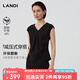 藍地（LANDI）[減壓式穿搭]LANDI醋酸V領(lǐng)褶皺設計收腰小衫女套裝T恤2025夏新品 石墨黑上衣 L