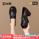 ZHR頭層牛皮樂福鞋女粗高跟英倫單鞋女百搭褶皺女鞋 S636 尊貴黑 36 